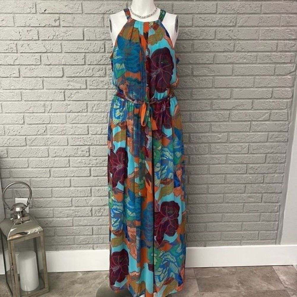 Nine West Floral Print Halter Neck Maxi Dress Size 10